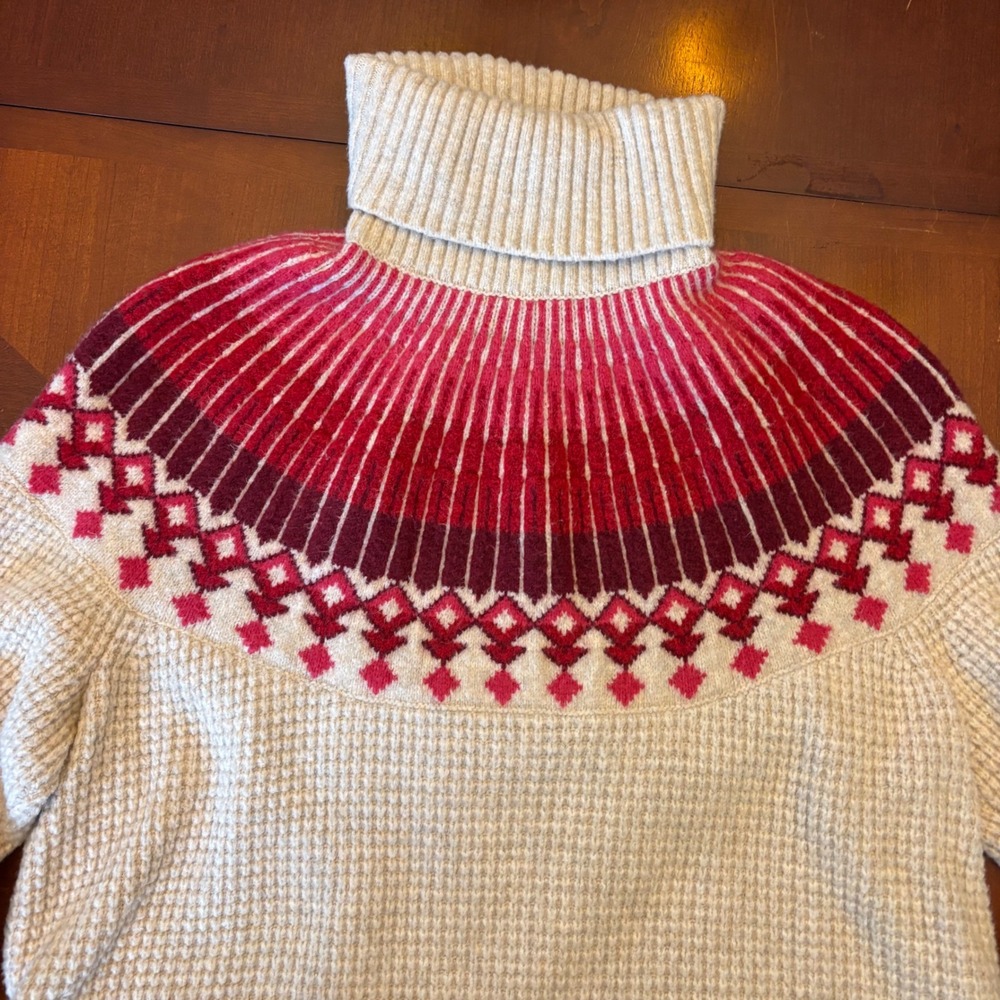 LL‎ Bean Womens Large Petite Fair Isle Turtleneck Sweater Waffle Knit Red Cream - Picture 3 of 13